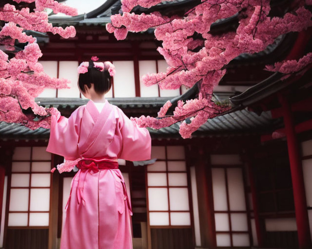 Person in Pink Kimono with Cherry Blossoms and Japanese Building