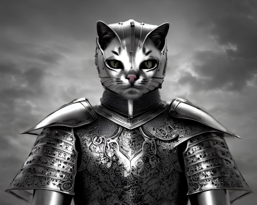 Feline head on knight in ornate armor under stormy sky