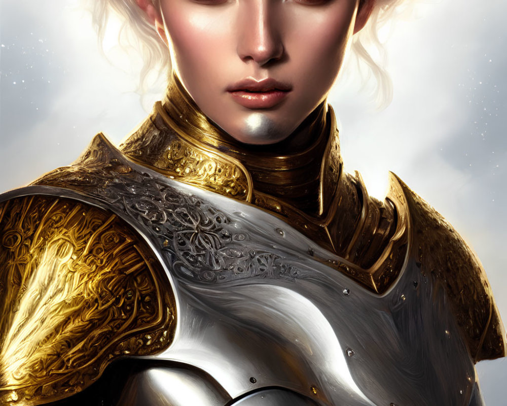 Digital art portrait of character with pale skin, white hair, ornate silver and gold armor.