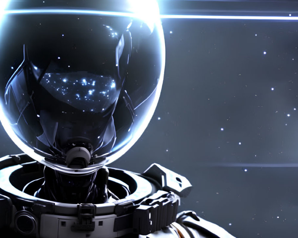 Futuristic astronaut in reflective helmet in translucent sphere against deep space