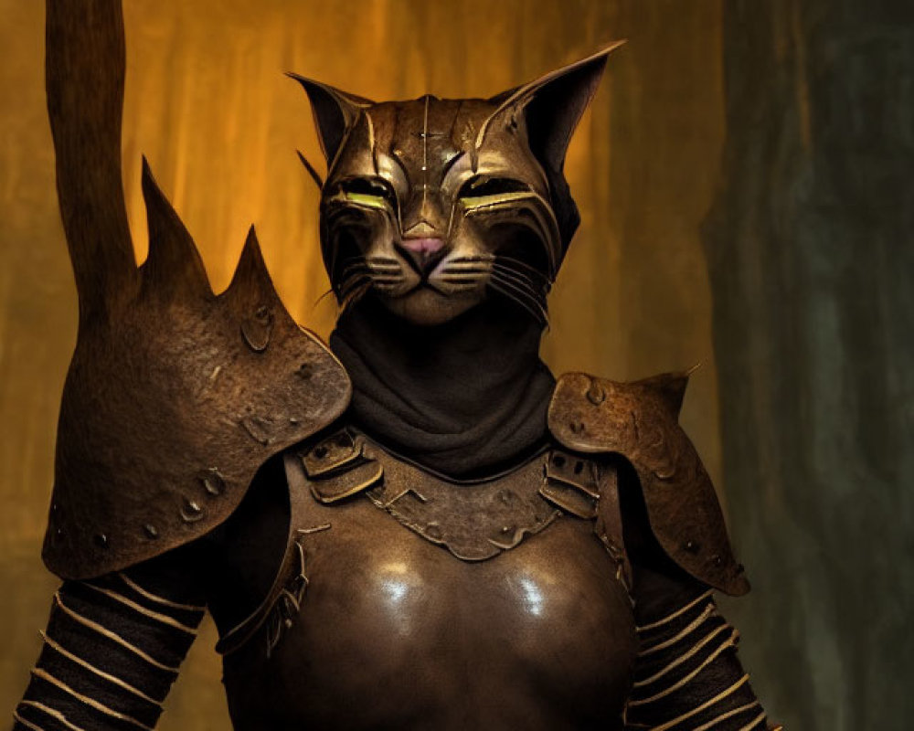 Anthropomorphic cat warrior in armor with spear on dark backdrop