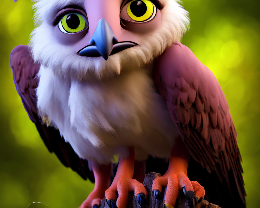 Vibrant 3D Owl Illustration on Stump with Expressive Eyes