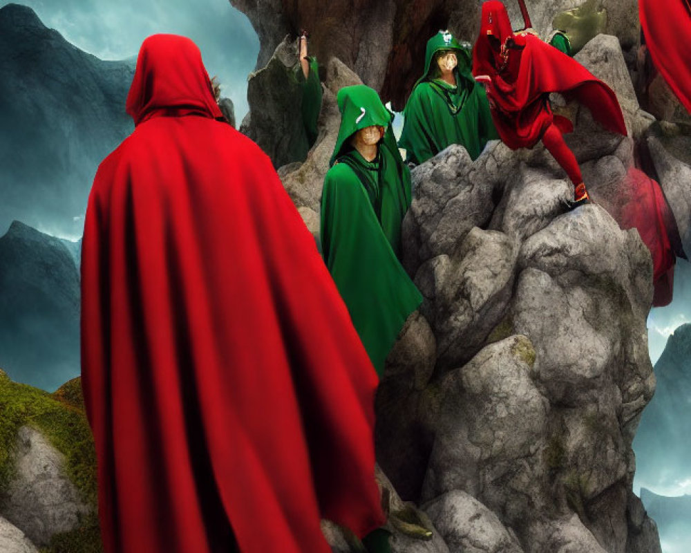 Red-caped figures face green-caped figures on rocky outcrop under dramatic sky