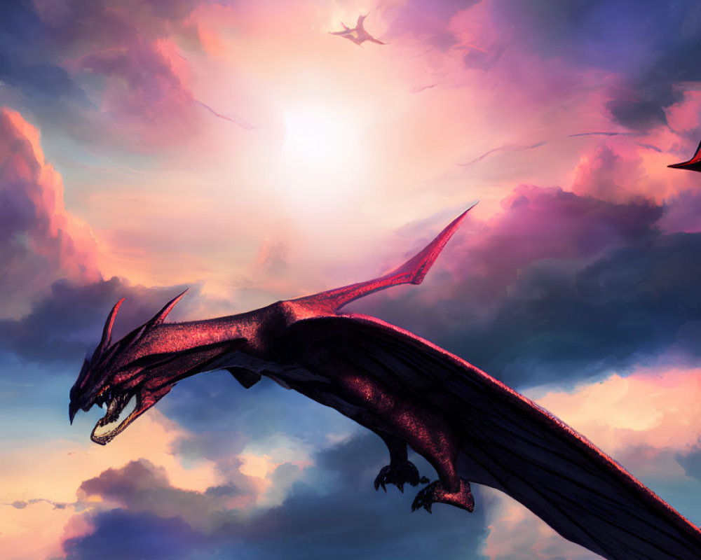 Majestic red dragon flying in vibrant sunset sky