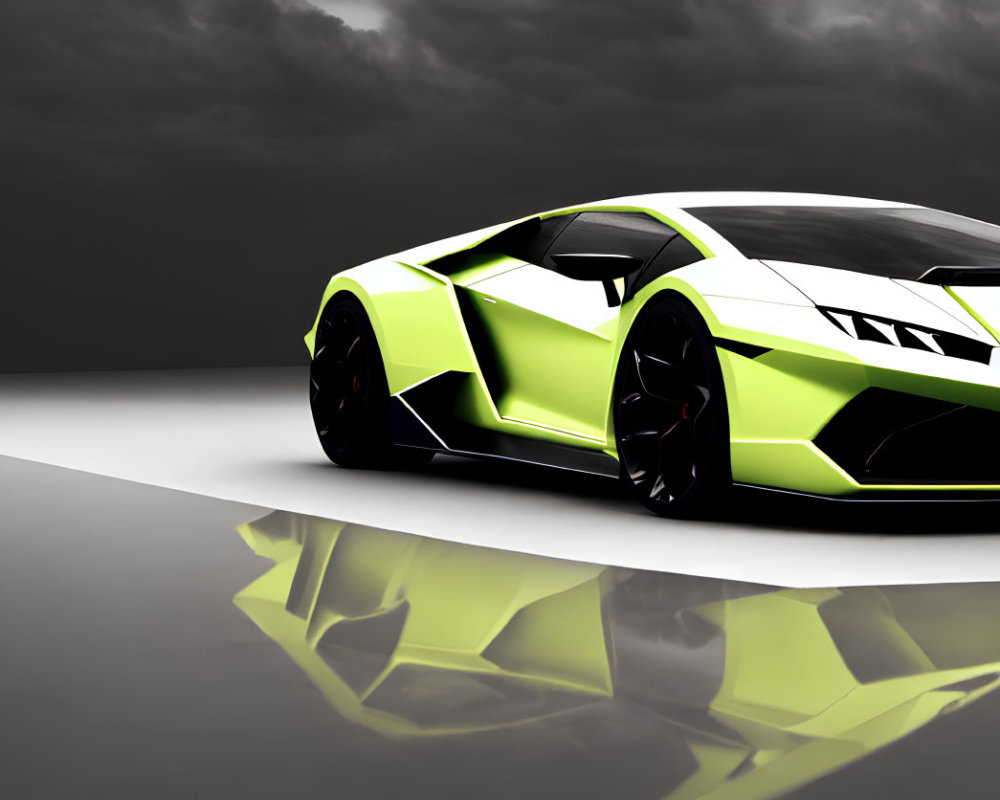 Neon green and white sports car with sharp angles on glossy surface