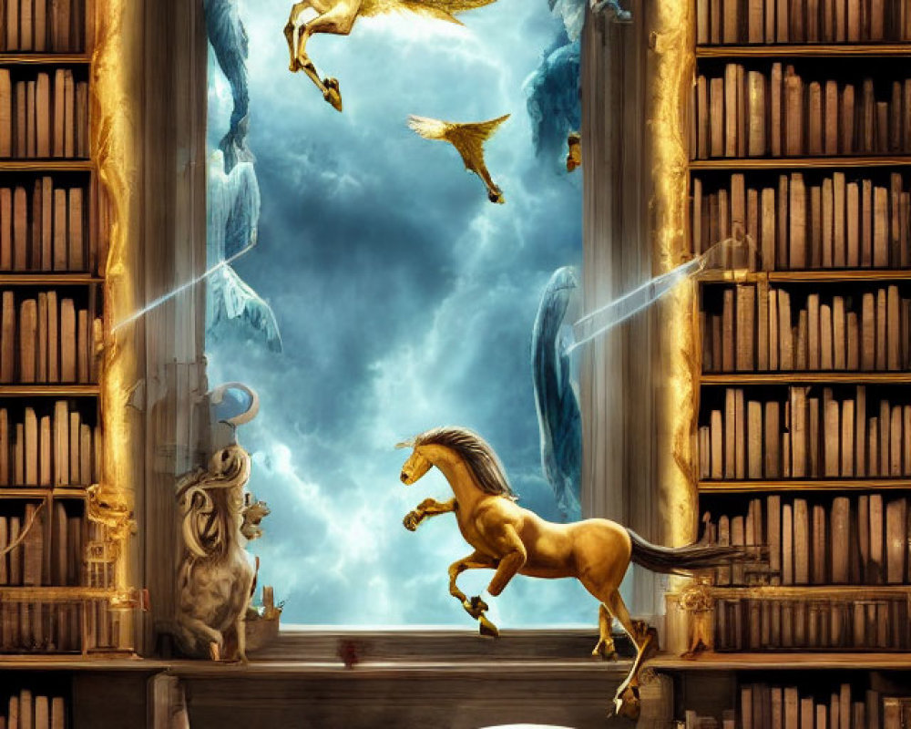 Open book on table reveals magical creatures in grand library with mystical portal.