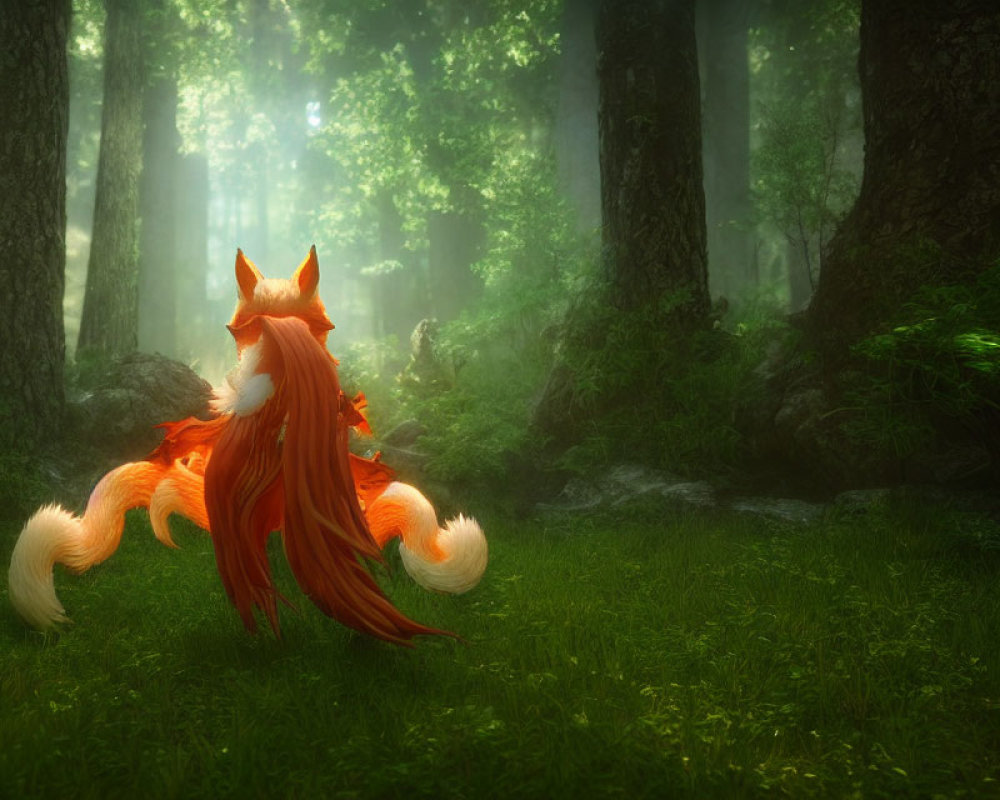 Nine-tailed fox in lush forest with sunbeams