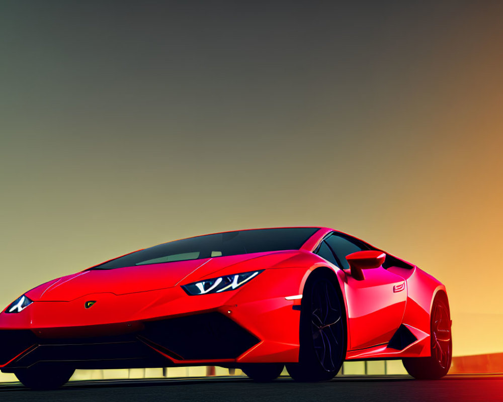 Sleek red sports car parked at sunset with sharp lines and aggressive styling