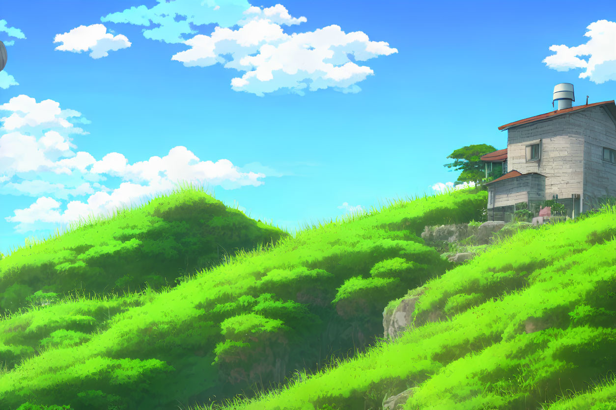 Tranquil landscape: house on green hill under blue sky