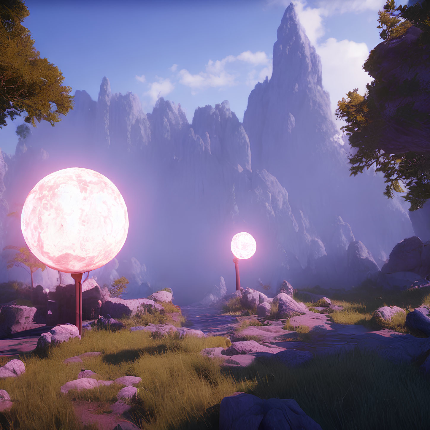 Fantastical landscape with glowing orbs, lush greenery, and towering mountains