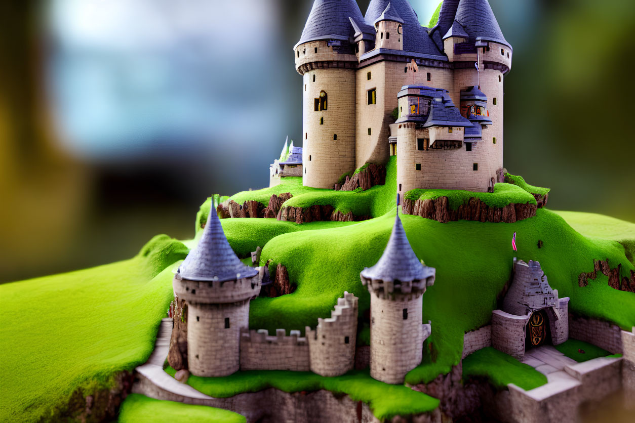 Miniature Fantasy Castle with Gray Towers on Green Hills