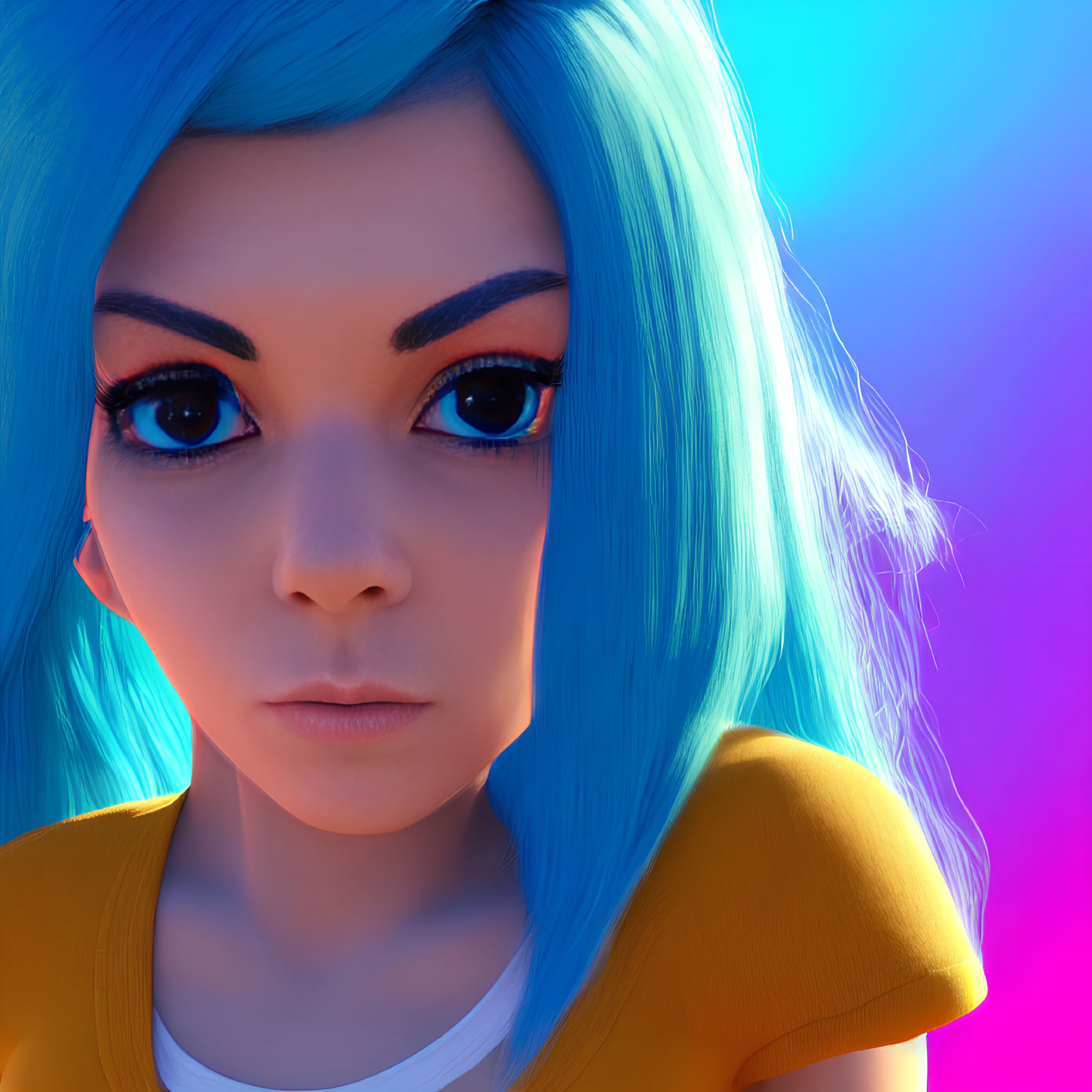 Vivid Blue Hair Female Character on Neon Gradient Background