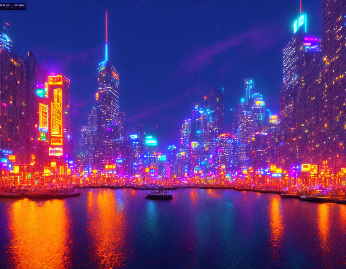 Night cityscape with neon lights reflecting on waterway and skyscrapers, boat in foreground
