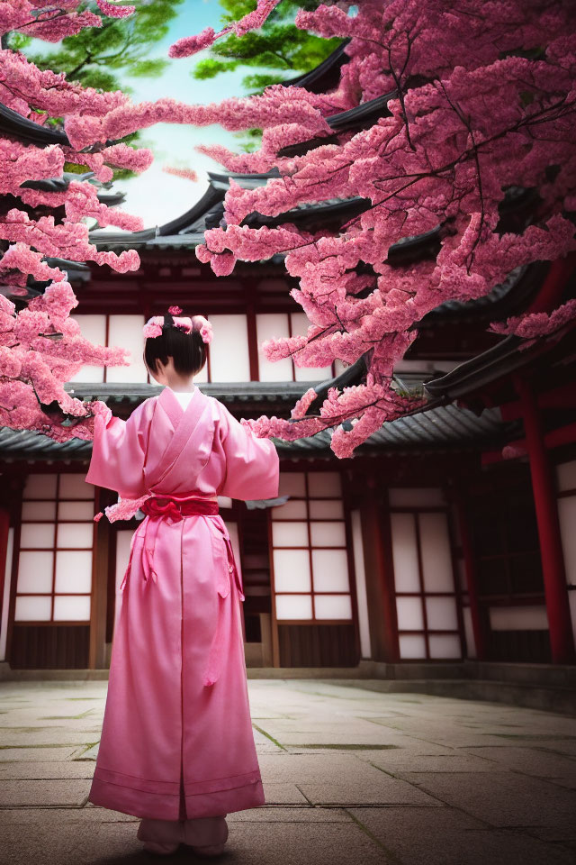 Person in Pink Kimono with Cherry Blossoms and Japanese Building