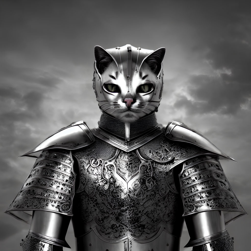 Feline head on knight in ornate armor under stormy sky