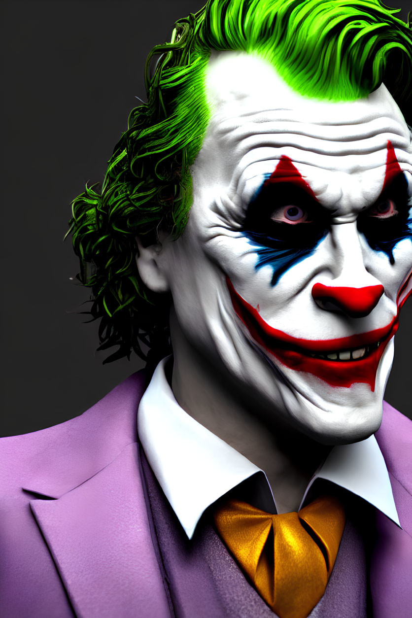 3D-rendered image of person as Joker with green hair & purple suit