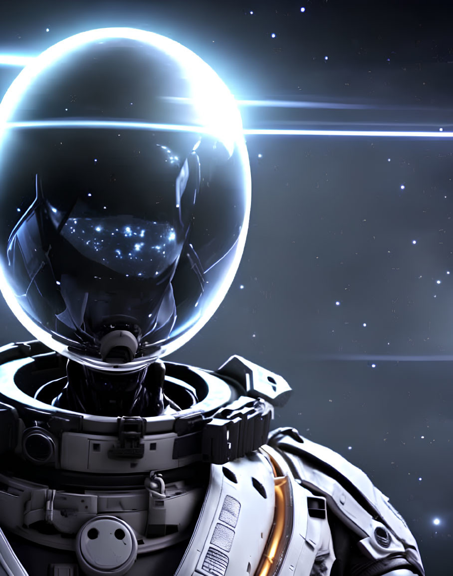 Futuristic astronaut in reflective helmet in translucent sphere against deep space