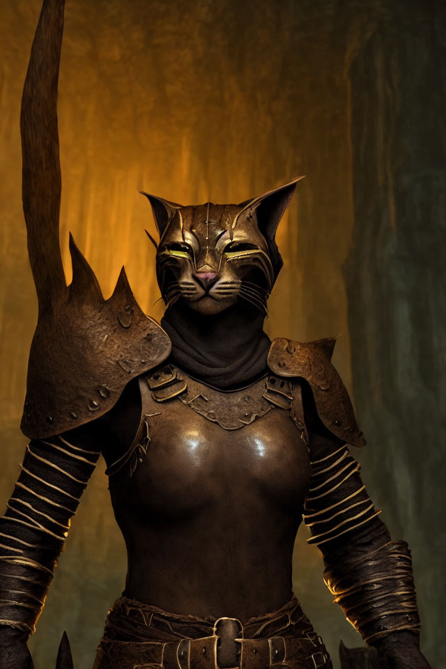 Anthropomorphic cat warrior in armor with spear on dark backdrop