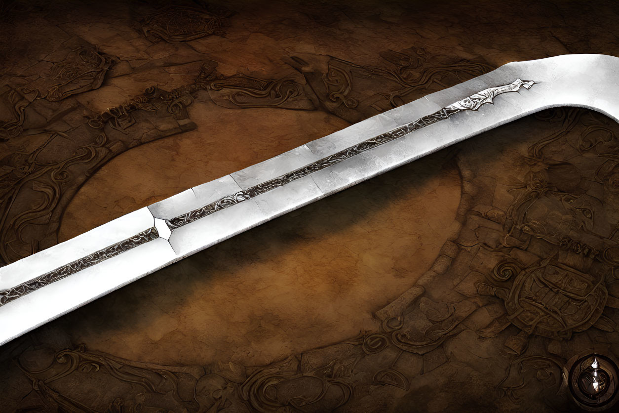 Intricate silver sword on textured brown parchment with ancient map illustrations