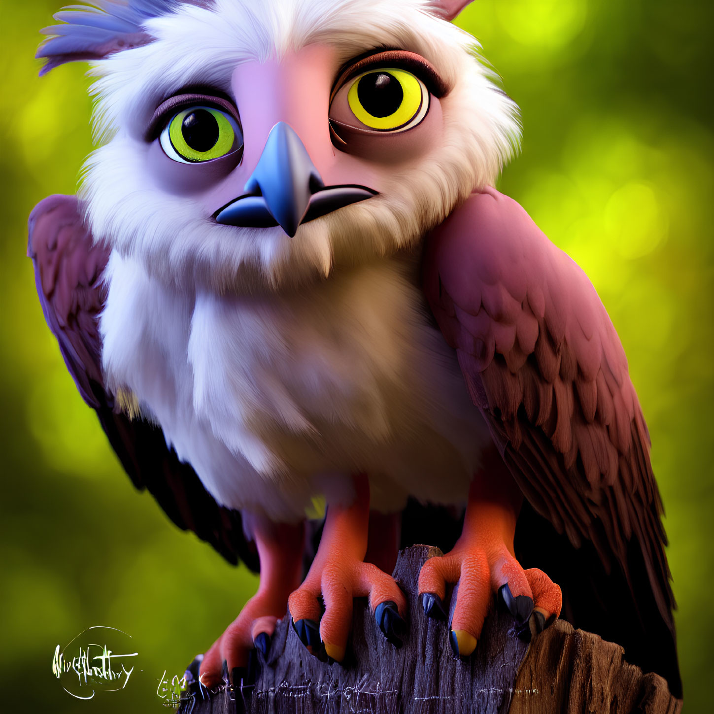 Vibrant 3D Owl Illustration on Stump with Expressive Eyes