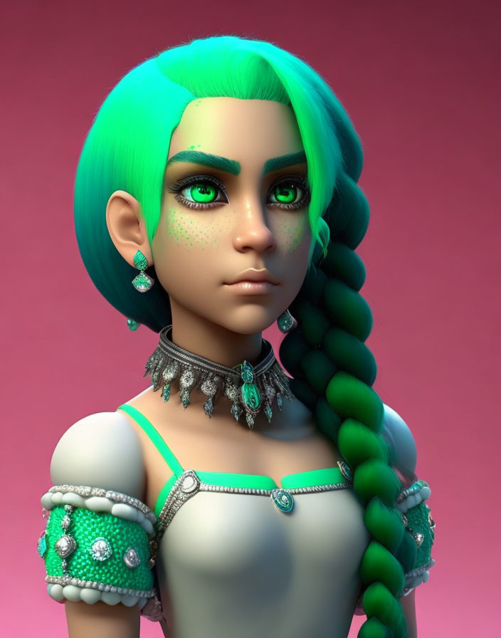 Female 3D Render with Green Hair, Eyes, Fantasy Makeup, Ornate Jewelry, White Dress