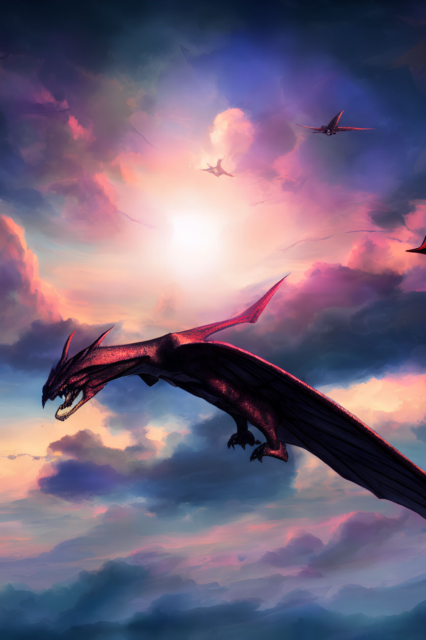 Majestic red dragon flying in vibrant sunset sky