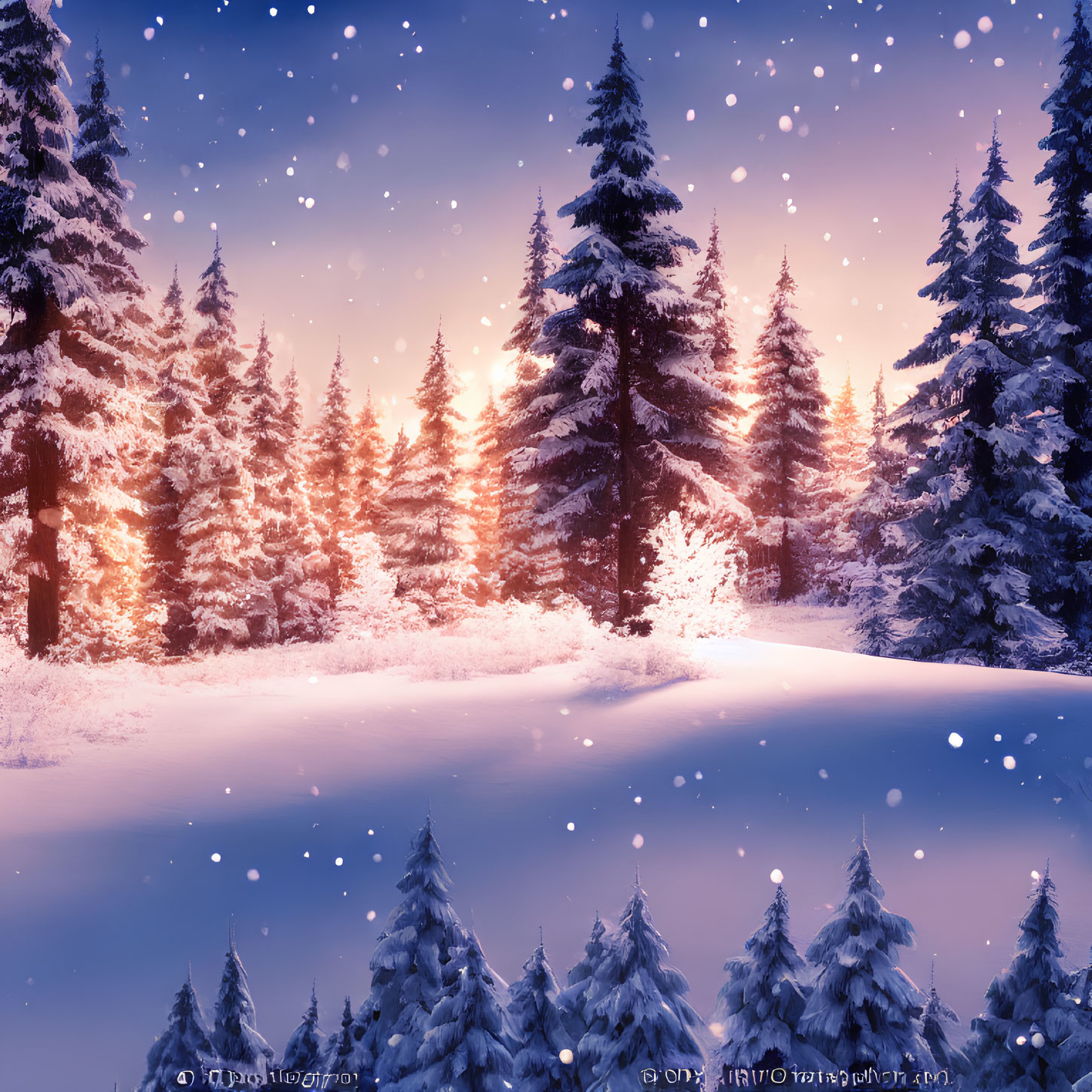 Snow-covered trees in serene winter dusk landscape