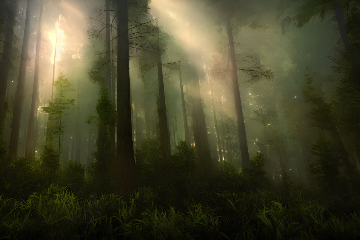 Mystical forest with tall trees and sunlight piercing through fog