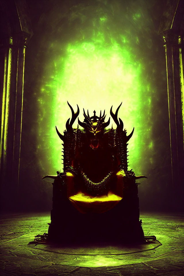 Dark throne room with elaborate, sinister throne and green glow