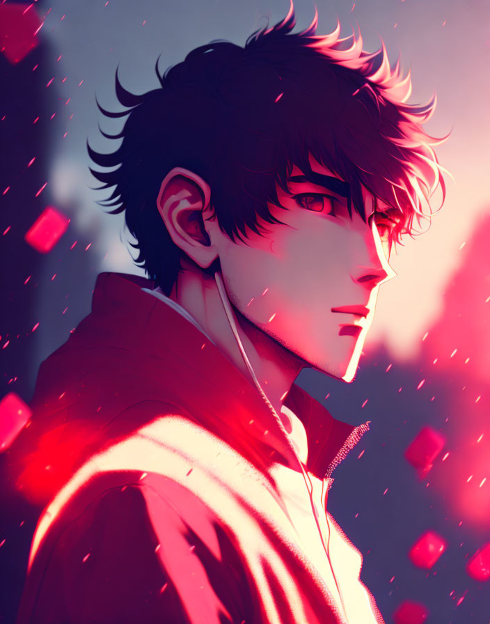 Anime-style illustration of person with dark hair in red hoodie, in dramatic red and pink lighting with floating