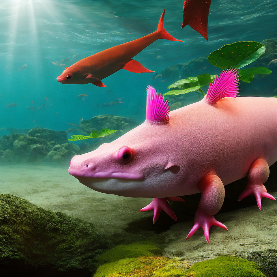 Colorful underwater scene with pink axolotl, red fish, and green plants