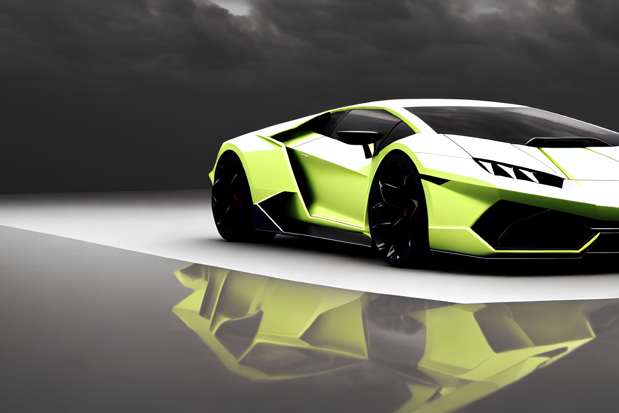 Neon green and white sports car with sharp angles on glossy surface