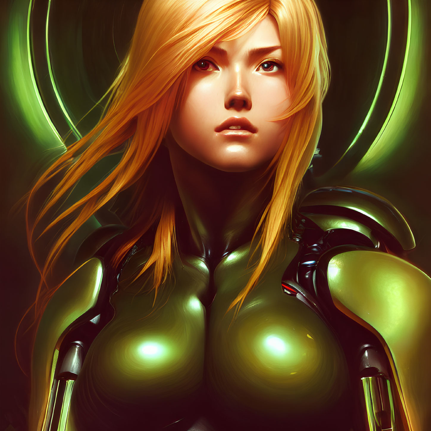 Blonde-haired female character in futuristic green armor on dark background