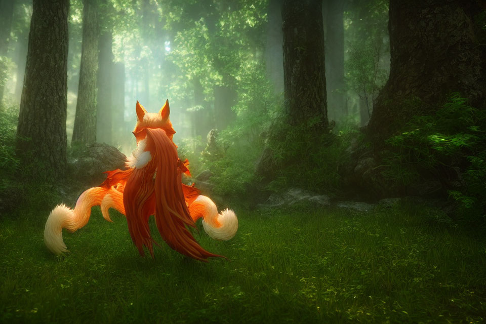 Nine-tailed fox in lush forest with sunbeams