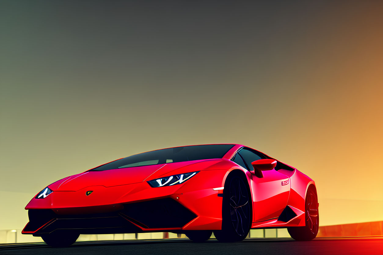 Sleek red sports car parked at sunset with sharp lines and aggressive styling