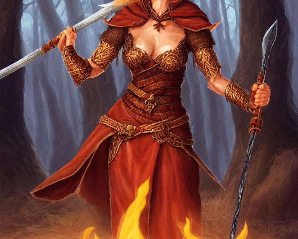 Female warrior with fiery hair in brown leather armor wields swords in mystical forest.