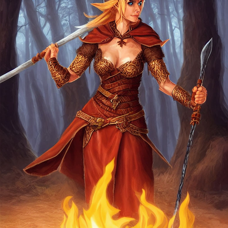 Female warrior with fiery hair in brown leather armor wields swords in mystical forest.