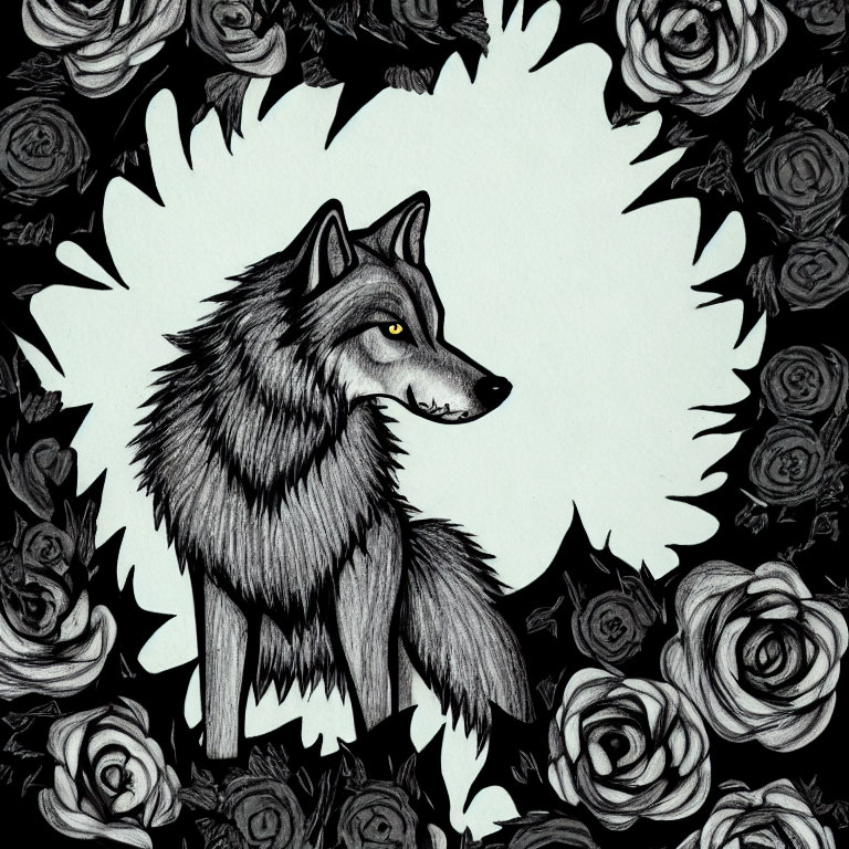 Monochromatic wolf surrounded by roses on black background