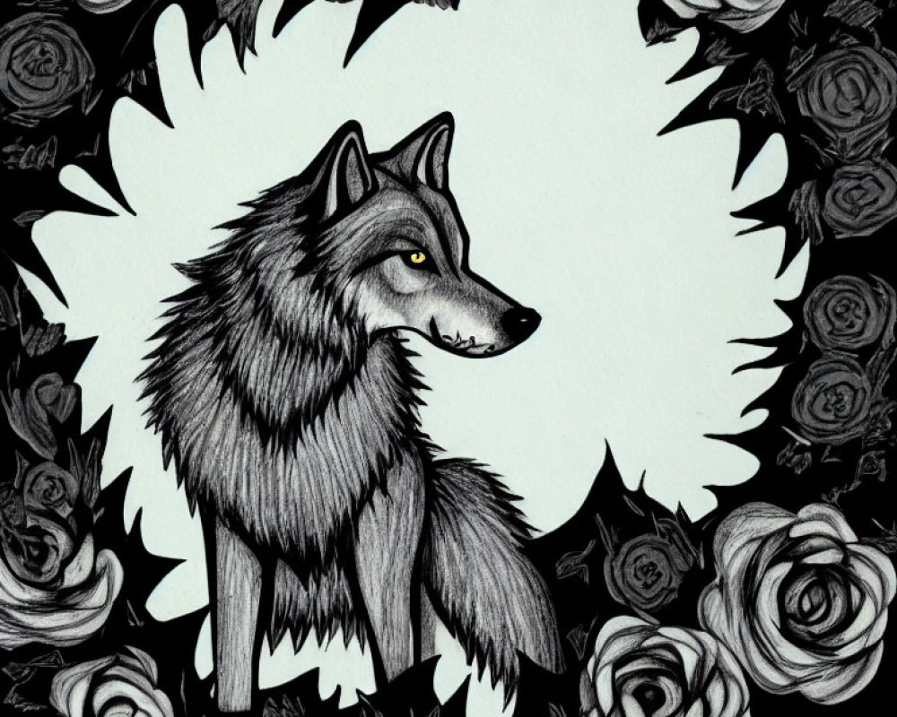 Monochromatic wolf surrounded by roses on black background