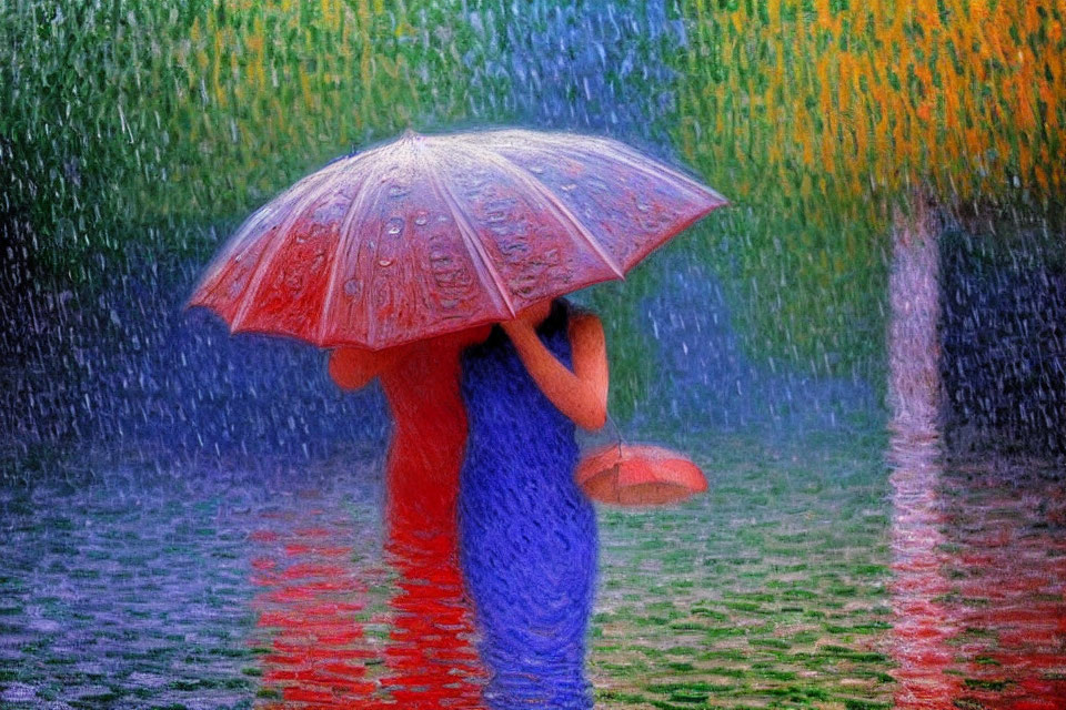 Impressionistic painting of person with red umbrella in rain