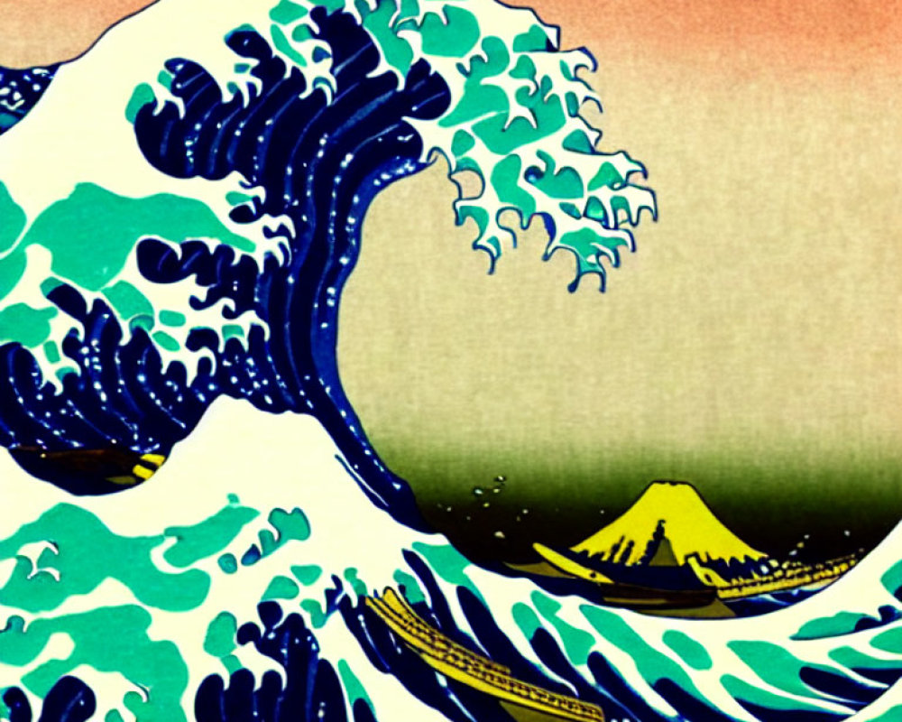 Japanese woodblock print: Blue wave, Mount Fuji, boats