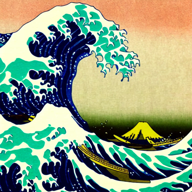 Japanese woodblock print: Blue wave, Mount Fuji, boats