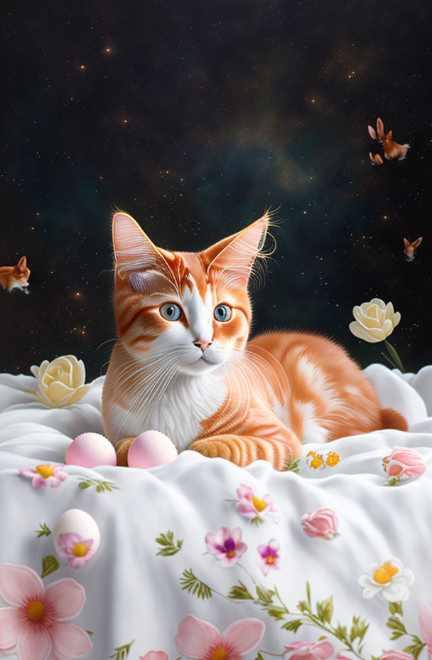 Orange and White Cat with Blue Eyes on Floral Fabric with Eggs and Butterflies