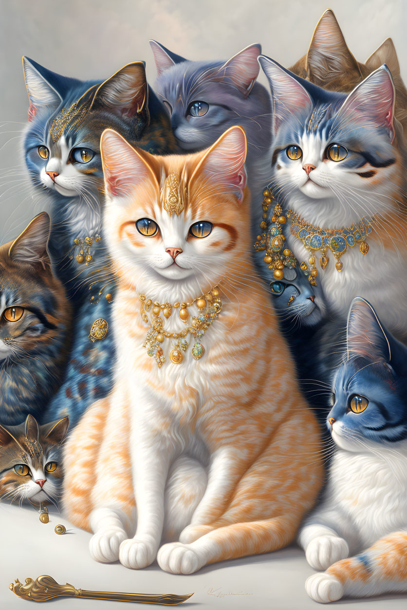 Regal cats with blue eyes and golden jewelry in elegant poses