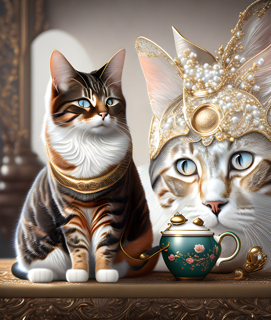 Regal digital art cats with jewelry and crowns near teal teapot