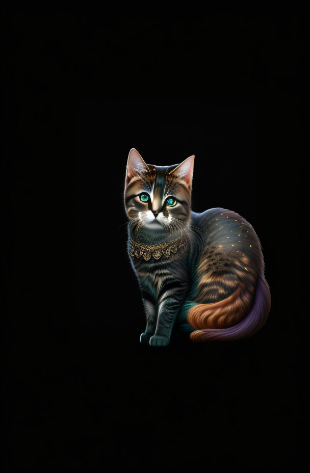 Digital Artwork: Cat with Shimmering Cloak and Glowing Eyes