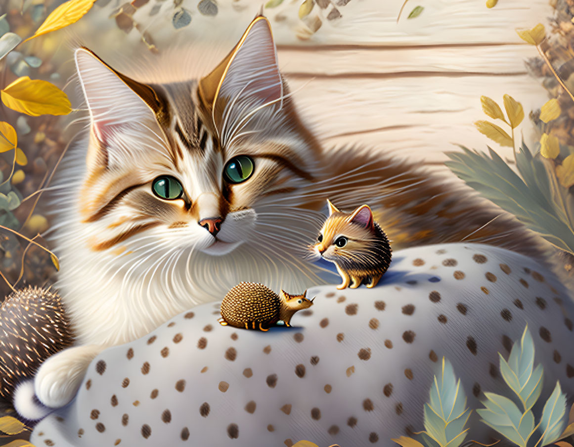 Fluffy adult cat, kitten, hedgehogs, autumn leaves in warm digital illustration