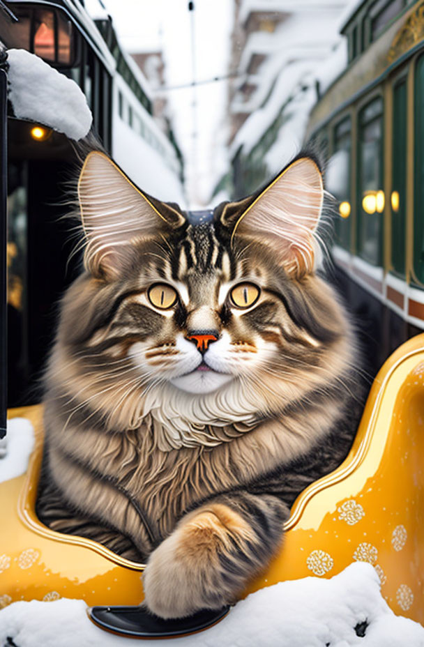 Whimsical image of tabby cat on yellow cable car in snowy city