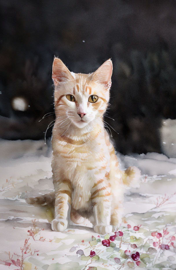 Orange and White Cat Surrounded by Snow and Floral Patterns