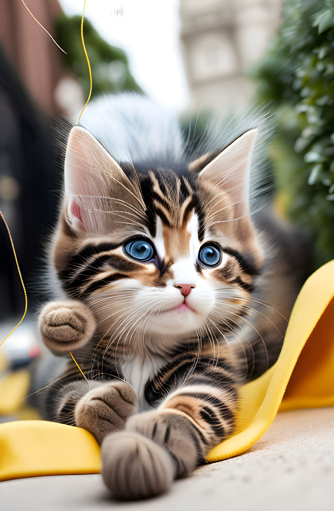 Tabby Kitten with Blue Eyes and Yellow Ribbon, Lying Down